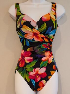 Miraclesuit Black Floral Tropical One-Piece Swimsuit 8 Shapewear Belly Control